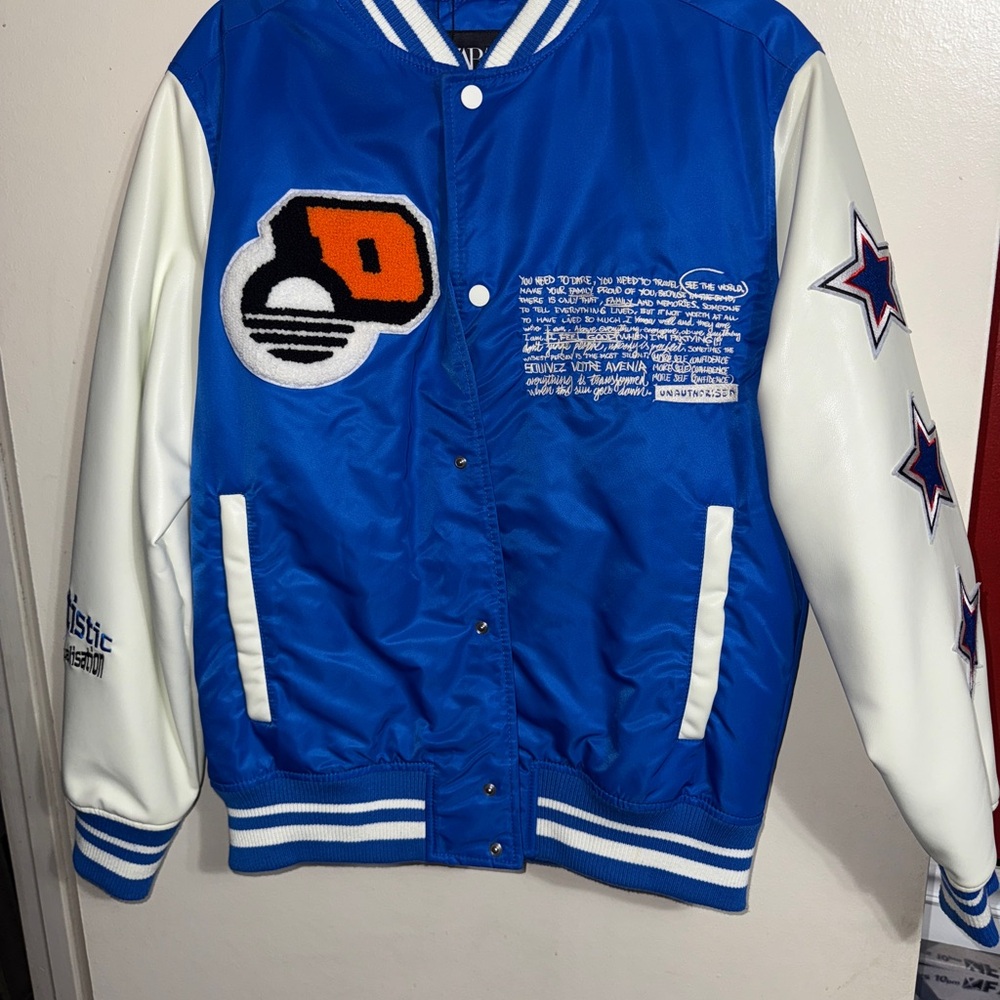 Blue and White Varsity Jacket with Star Patches